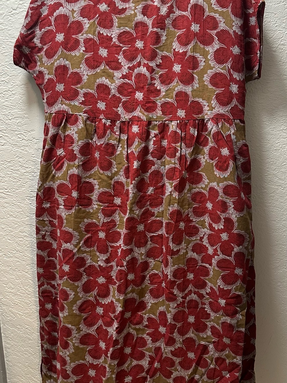Source Unknown Red Floral Maxi Dress on Tan Background